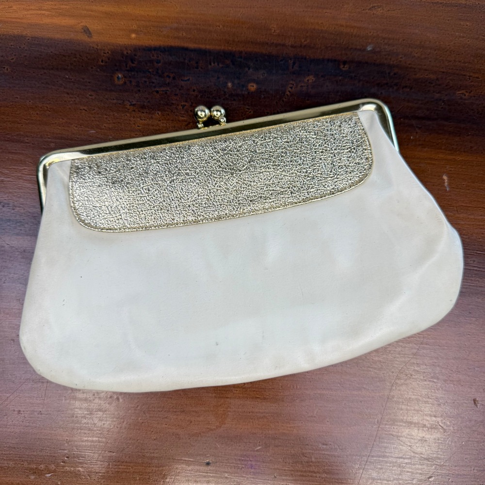 Vintage St. Thomas White Leather Gold Metallic Flap Kiss Lock Clutch Bag